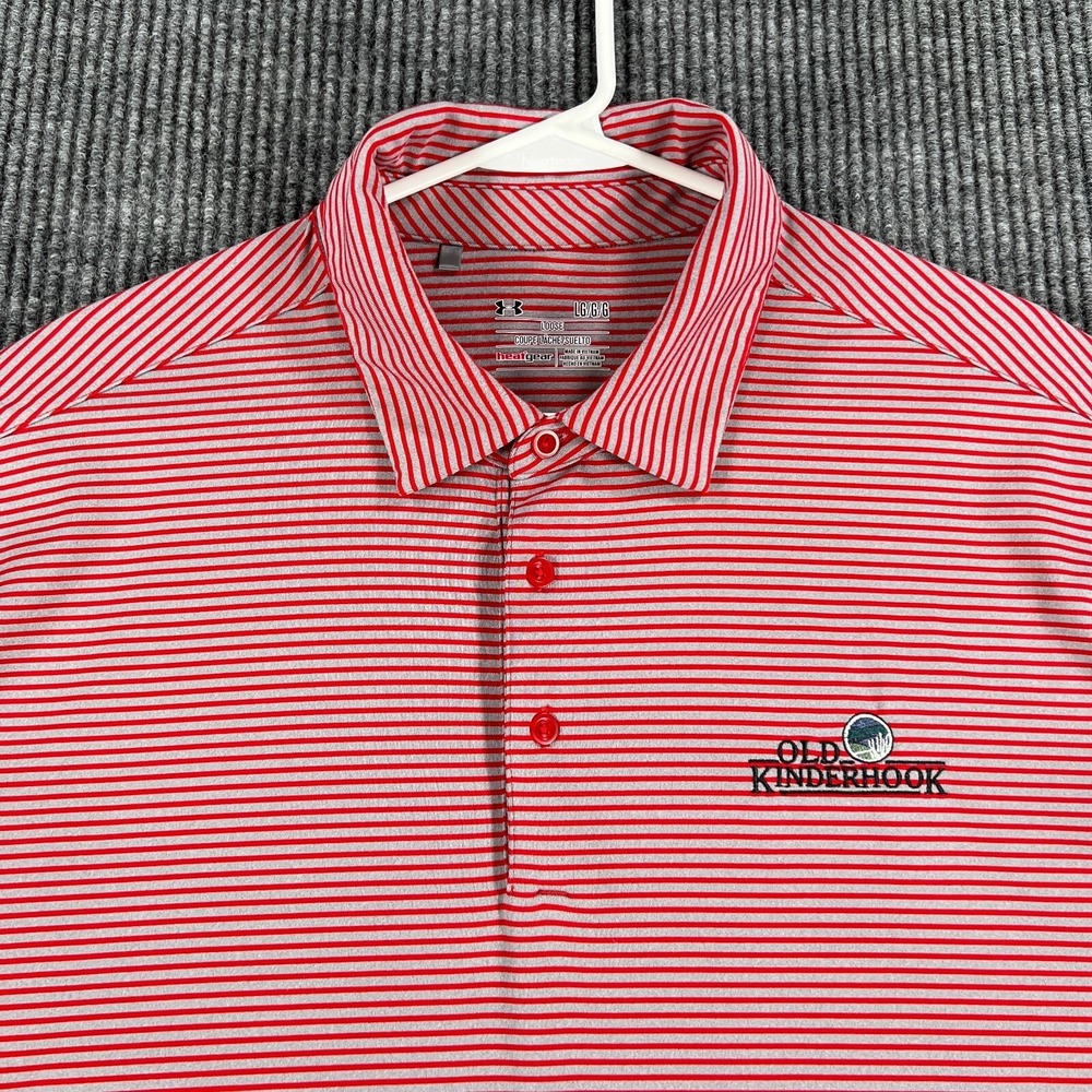 Under Armour Polo Shirt Mens Large Red Striped Short Sleeve‎ Loose Fit Heat Gear